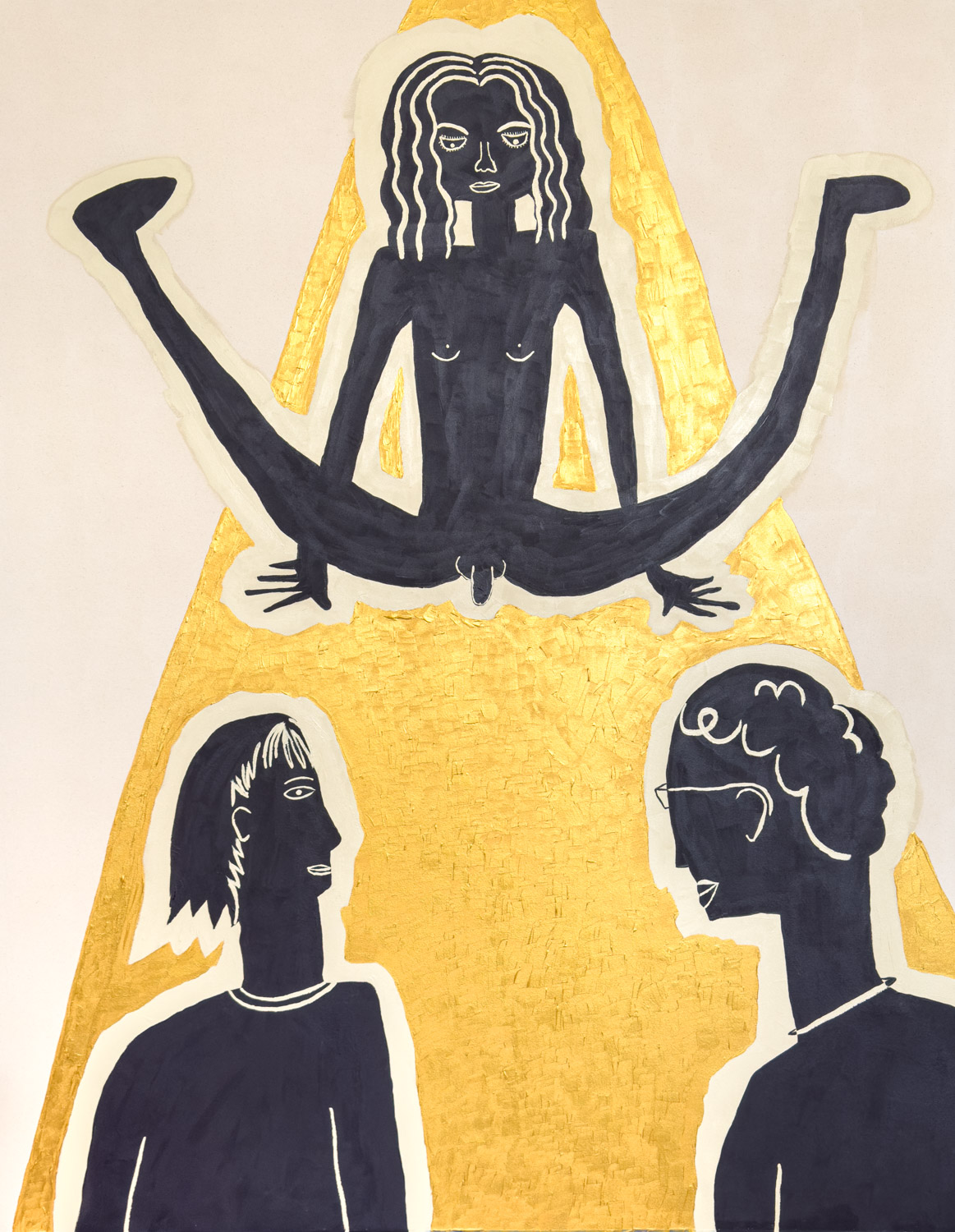 A black and white illustration of three people, with one person upside down and two others facing each other, on a yellow background.