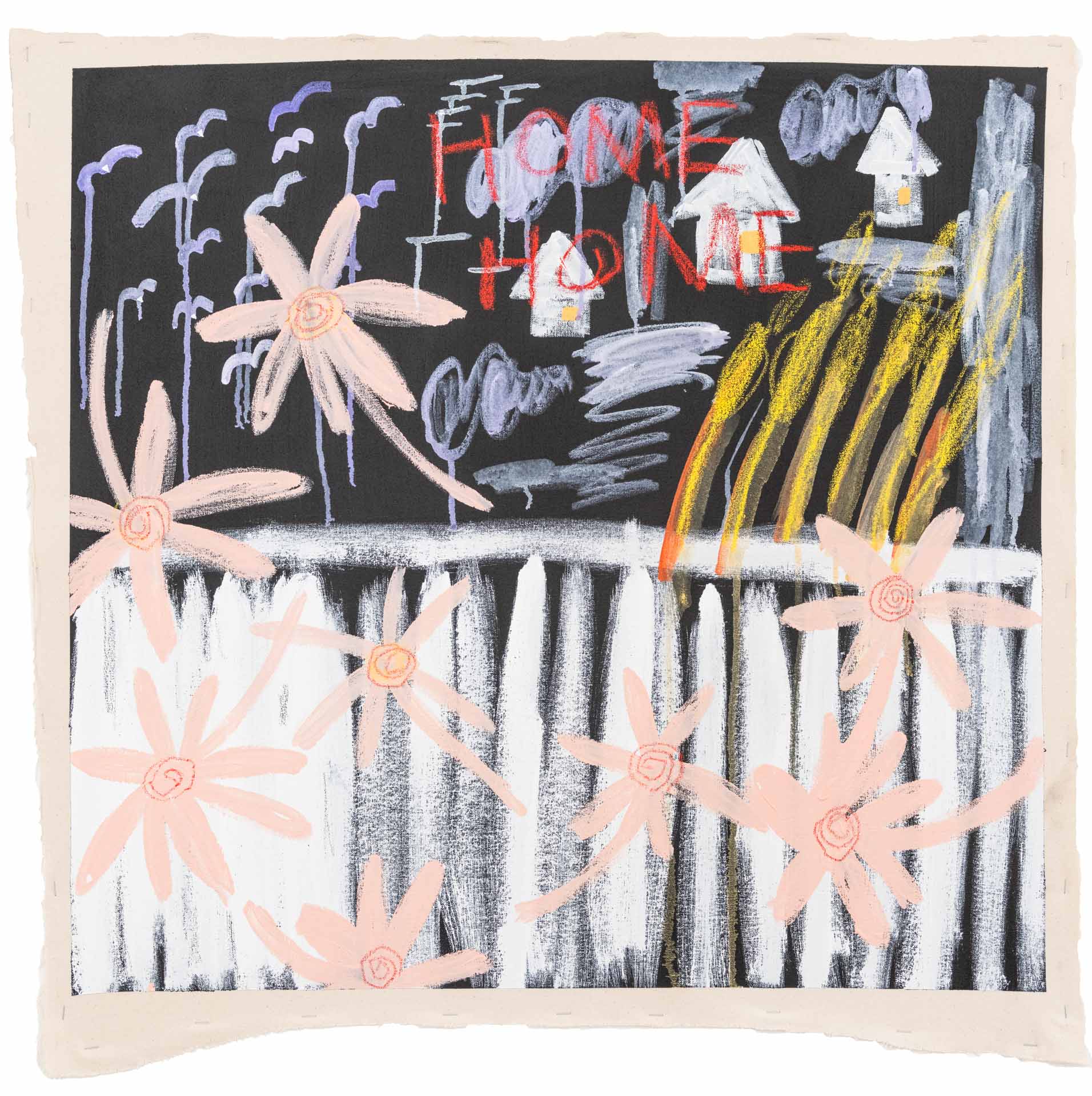 Colorful chalk drawing on blackboard with flowers, rain, and the words 'HOME' and 'LOVE' in red.