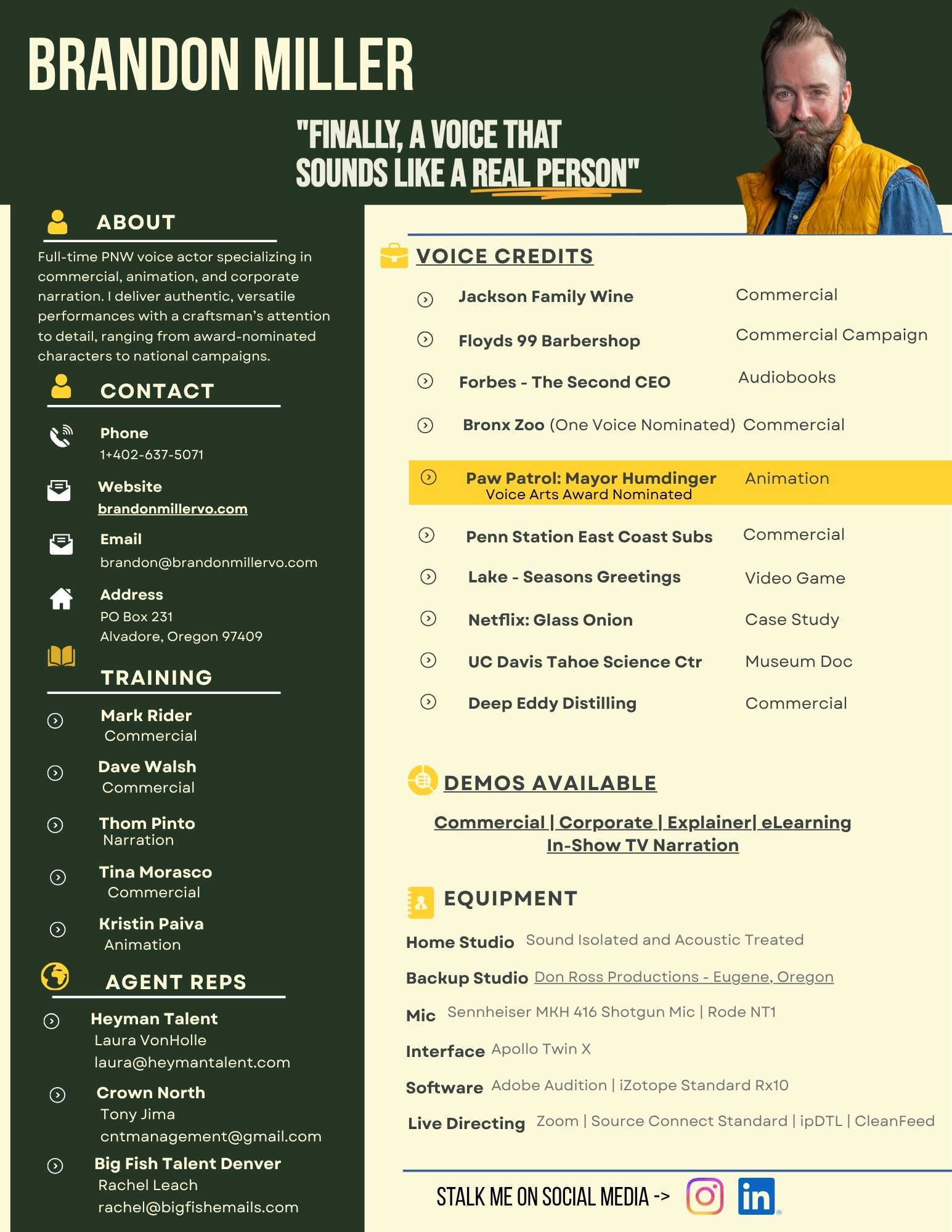 Brandon Miller with a beard and glasses, green background, text about voice and campaign credits, contact info, training, agent reps, and social media icons.