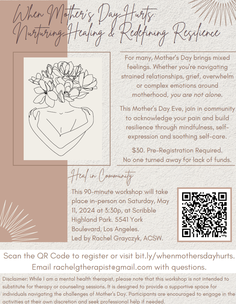 Hand-drawn illustration of a person holding a bouquet of flowers, with text about a Mother's Day healing and resilience workshop, registration details, and QR code.