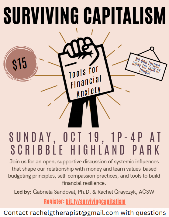 Poster with a raised fist holding a sign that reads 'Tools for Financial Anxiety,' promoting an event on October 19 at Scribble Highland Park.
