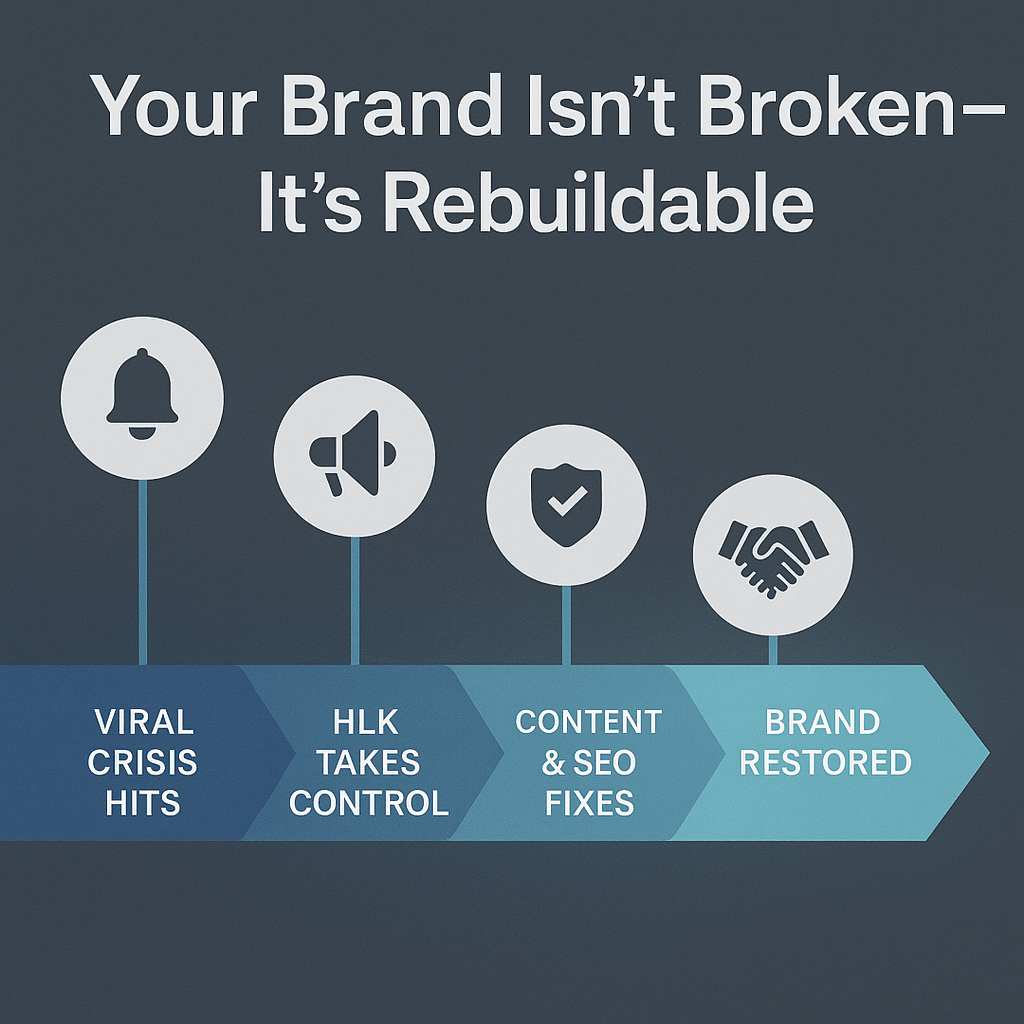 Text and icons on a dark background with a horizontal arrow, illustrating brand rebuilding stages.