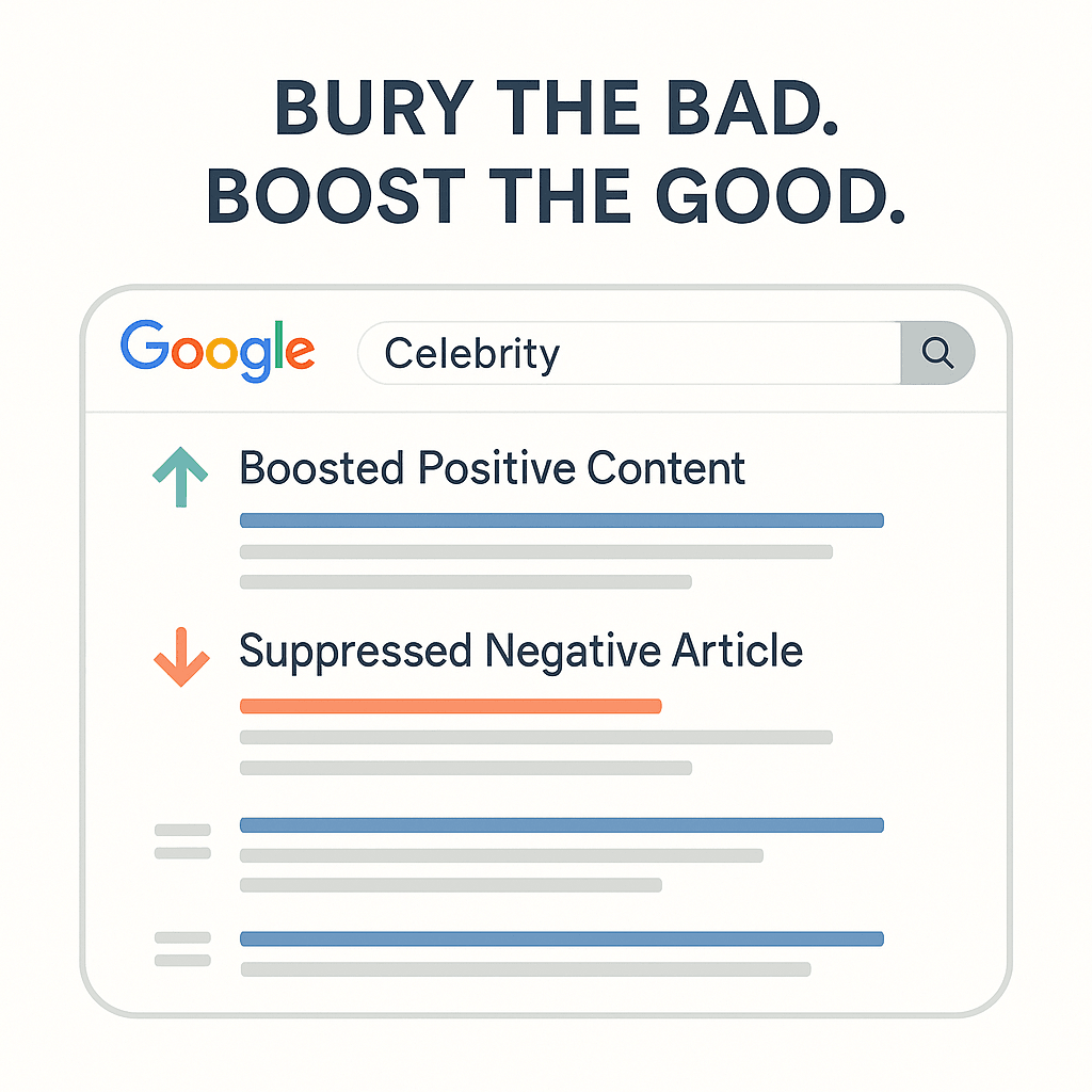 Text with the phrase 'Bury the bad. Boost the good.' above a search result illustration with positive and negative content indicators.